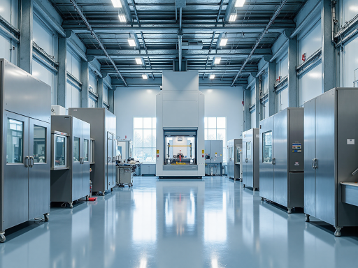 Modern polyurethane manufacturing facility with industrial equipment and workers in safety gear, blue background