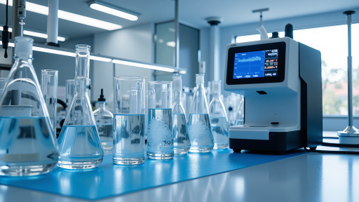 Chemical laboratory with various polyurethane formulation components and molecular structure diagrams displayed on screen