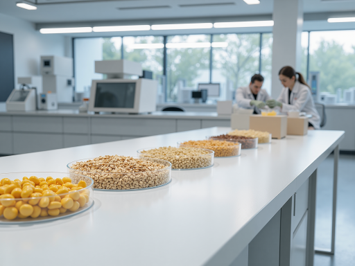 Laboratory setting with chemical mixing equipment and technicians working on polyurethane formulations, white background